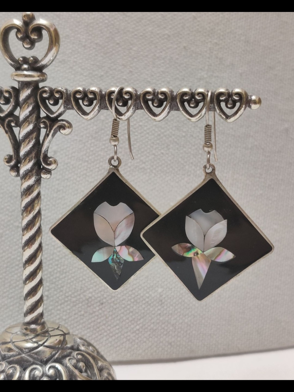 Alpaca Abalone Pearl Flower Inlay Black Square Drop Earrings
